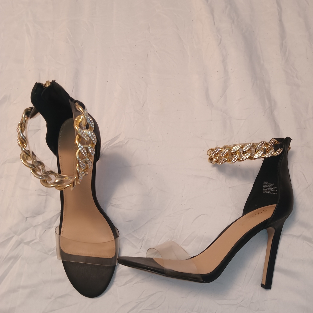 Shoe Dazzle Black and Gold Chain Heels